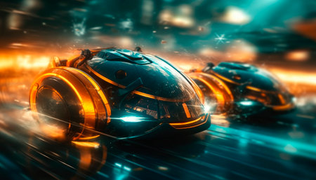 Two futuristic sports car on high speed motion.Race of futuristic hovecars. AI generated.の素材