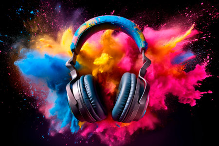 Stereo professional headphones with powerful explosion of mix color dust and powder.AI generated.の素材