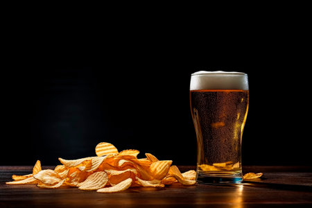 Potato chips and glass of cold beer on the table in a dark pub. AI generated.の素材