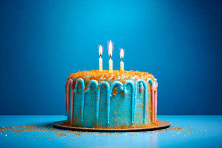 Blue Birthday cake with three sparkling candles on a blue background. AI generatedの素材