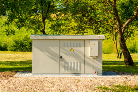 Outdoor electric high voltage distribution cabinet in a public park under a green treesの写真素材