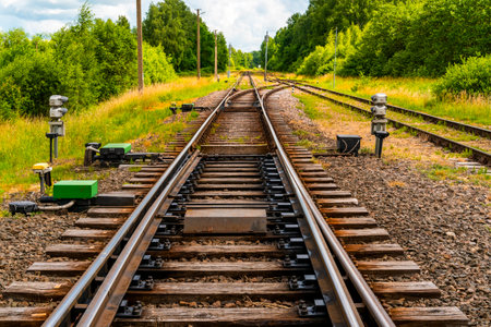 Railway arrow translation mechanism for changing the train track.Important elements of railway trackの写真素材