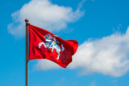 Historical Lithuanian flag, coat of arms of Lithuania, consisting of an armour-clad knight on...
