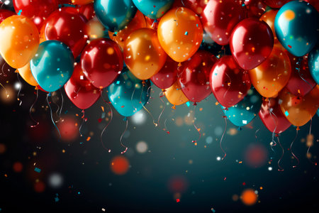 Celebration  background with a colored helium ballons.Holiday design for greeting card. Party banner design. AI generated.の素材