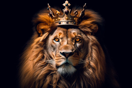 Conceptual image of male lion wearing a king of the jungle crown. Head of King Lion in the golden crown. The majestic King of beasts with luxuriant mane.AI generated.の素材