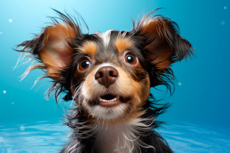 Funny little wet dog in bathroom. Dog takes a shower. Long Haired Toy Terrier. AI generated.の素材