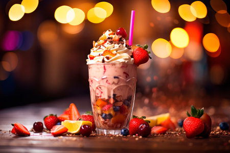 Berry milkshake with whipped cream and  syrup in the tall glass on the table. AI generated.の素材