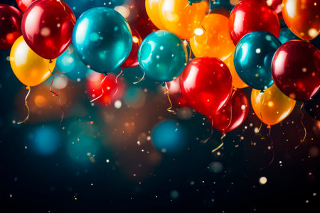 Celebration party banner with  color balloons background. Grand opening card, luxury greeting rich.  AI generated.の素材