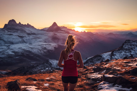 Rear view of trail runner running up hill with a beautiful sunrise. AI generated.の素材