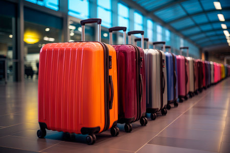 Row of luggage Standing At Empty Airport Corridor. Stylish Luggage Bags Waiting At Terminal Hall. Banner For Air Travelling And Vacation Booking Concept. AI generated.の素材