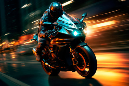 Motorcycle rider in helmet and gear racing at high speed.High speed super sport motorcycle moving super fast in the city with neon light motion effect applied.  AI generated.の素材