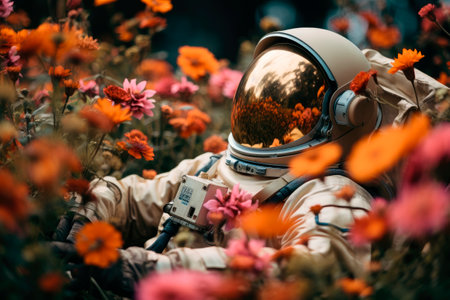 Astronaut lying in a summer flower field, dreaming about planet earth, space exploration dream concept. Generative AIの素材