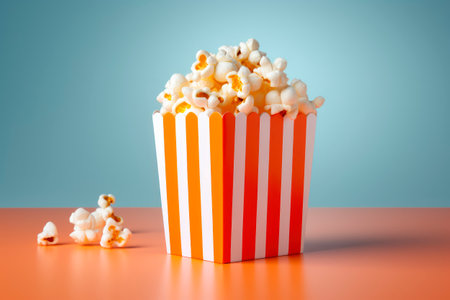 Delicious popcorn in a red striped paper cup. Popcorn in red and white packaging. Cinema background.の素材