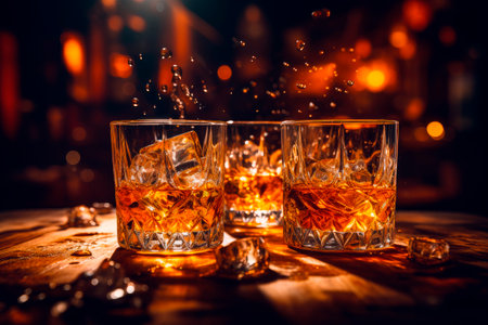 Three glasses of whiskey with ice cubes served on wooden planks. Vintage countertop with highlight and a glasses of hard liquorの素材