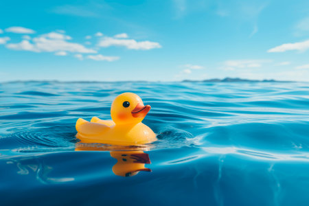 Yellow rubber duck, bath toy floating in the clean blue water of the seaの素材