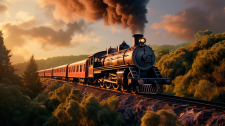 Vintage steam train with ancient locomotive and old carriages runs on the tracks in the beautiful landscape.Steam locomotive pump out clouds of dark smoke.の素材