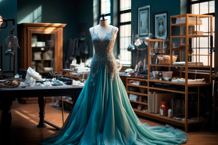 Amazing dress on a mannequin. Haute couture evening dress in a sewing workshopの素材