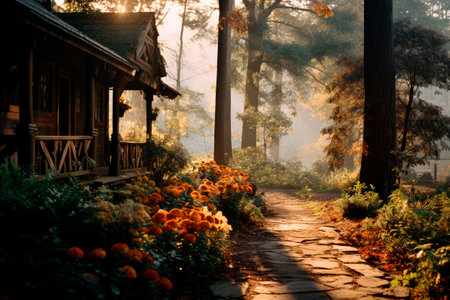 Walkway leading to a wooden house in the autumnal forest. Beautiful, morning sunlight coming through the trees.Hut in autumn forest.の素材