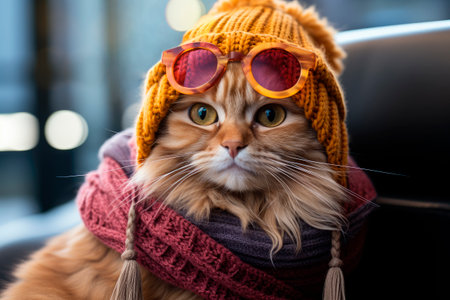 Adorable tabby cat wearing oval glasses, colourful thick woollen hat and scarf.Lovely Kitten dressed in a warm clothing. Pet care. Pets  clothing for animals.の素材