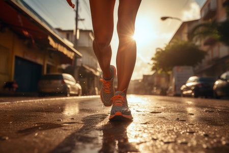 Runner's legs on the street. Close-up view of sporty active motivated woman wear running  sneakers. Athlete girl warming up before  running on the city street.の素材