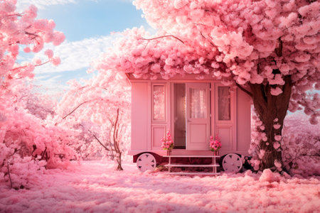 Cherry blossom. Sakura trees is blooming outside tiny pink eco friendly house on wheels.の素材