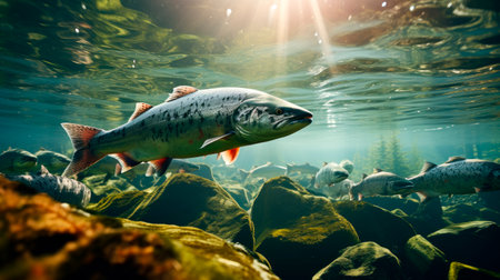 Salmon underwater in a shallow stream.A group of salmon are swimming upstream in the clear river with a stones and water plants, and the sunlight reflects on them.の素材