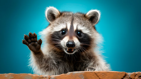 Funny raccoon saying Hello, Hi or Bye, waving hand.の素材