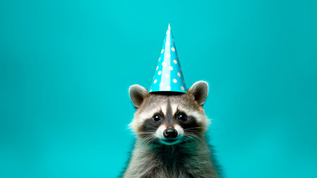 Funny racoon with birthday party hat on blue background, copy spaceの素材