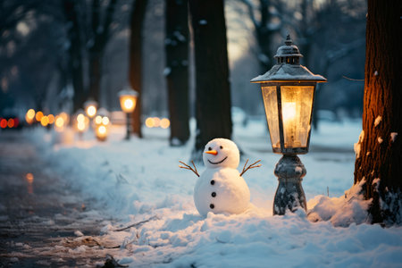 Merry christmas and happy new year. Happy snowman standing at winter park.の素材