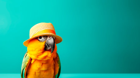 Fashionable anthropomorphic portrait of a yellow parrot wearing a hat on a blue background. Copy space.の素材