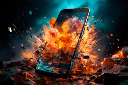 Smartphone explosion on dark background. A huge broken mobile phone, screen shattering explosion.Burning smartphone with bad battery exploded or overloaded processorの素材