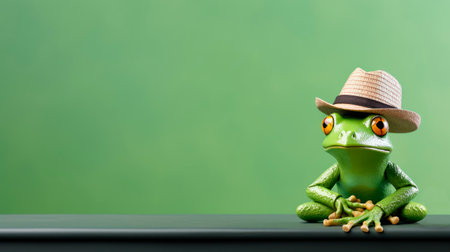 Little green frog wearing hat comfortable sitting cross-legged on green background. Copy space.の素材