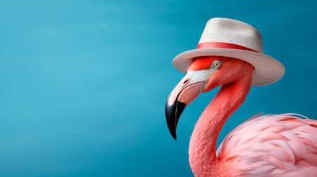 Blue background with a flamingo in a hat for a summer vibe.Copy space for advertisementの素材