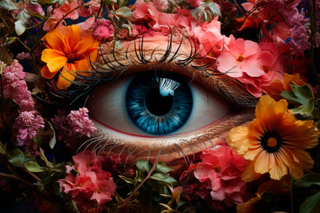 Beautiful eye and flowers. Human eye peeking through bushes with a colorful plants and flowers. An eye in the middle of flowers. Sight.の素材