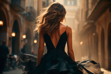 Back view of fashion girl with black dress long hair walking on the empty street. Fashioned model looking away at city background.の素材