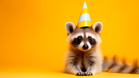 Funny racoon with birthday party hat lying on yellow background, copy spaceの素材