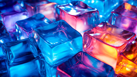 A tray of colored ice cube. Close up of ice cubes with a colorful gradient lightの素材