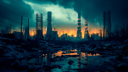 Post apocalyptic world with a lot of very big pylons. Devastating futuristic post apocalyptic industrial landscape.Nuclear wastelandの素材