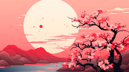 Artistic landscape with sakura tree against sun and mountains.の素材