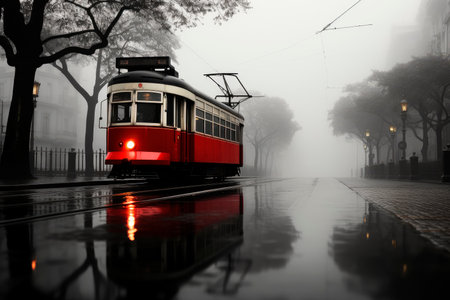 A glossy red retro tram traverses empty and silence street of a town in foggy morningの素材