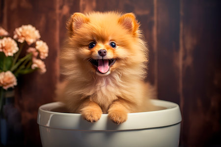 Little puppy in a white ceramic vase. Adorable Pomeranian Spitz smiling.の素材