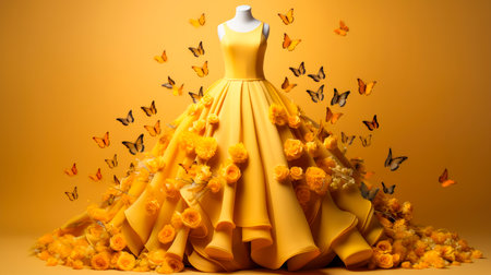 Haute couture evening dress with a butterflies and flowers on a yellow background. Beauty and fashionの素材