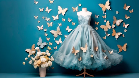 Haute couture evening dress with a paper butterflies and flowers on a blue background. Beauty and fashionの素材
