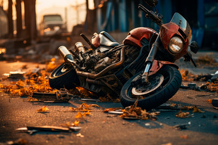 Broken motorcycle after accident lying on the street. Motorcycle Traffic Accident.の素材
