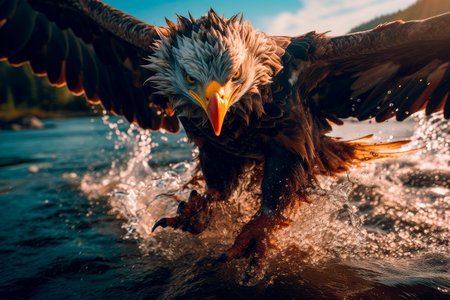 An eagle flying over the lake. American bald eagle preparing to snag fish in a lake water.Close-up of an eagle splashing water while trying to a fishの素材