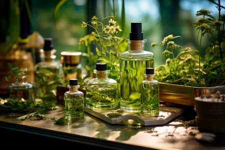 Natural organic botany and scientific glassware.Alternative herb medicine.Natural skin care beauty products. Research and development concept.の素材