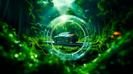 Electric car on a road going through green forest. Concept depicting new possibilities for the development of electric and hybrid cars and the issue of ecological travel.の素材