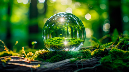 Crystal glass ball sphere reveals forest landscape with spherical perspective.Environment Concept.の素材