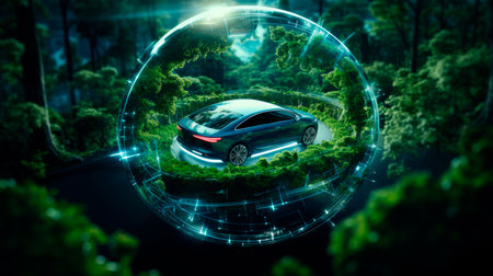 Clean energy concept. Electric car on a road going through green forest. Concept depicting new possibilities for the development of electric and hybrid cars and the issue of ecological travelの素材