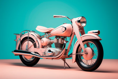 Pink color retro motorcycle on pastel blue and pink color backgroundの素材
